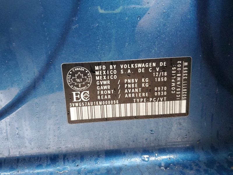 Aukcja sprzedaży 2019 Volkswagen Golf, vin: 3VWG57AU1KM008096, numer aukcji: 45463286