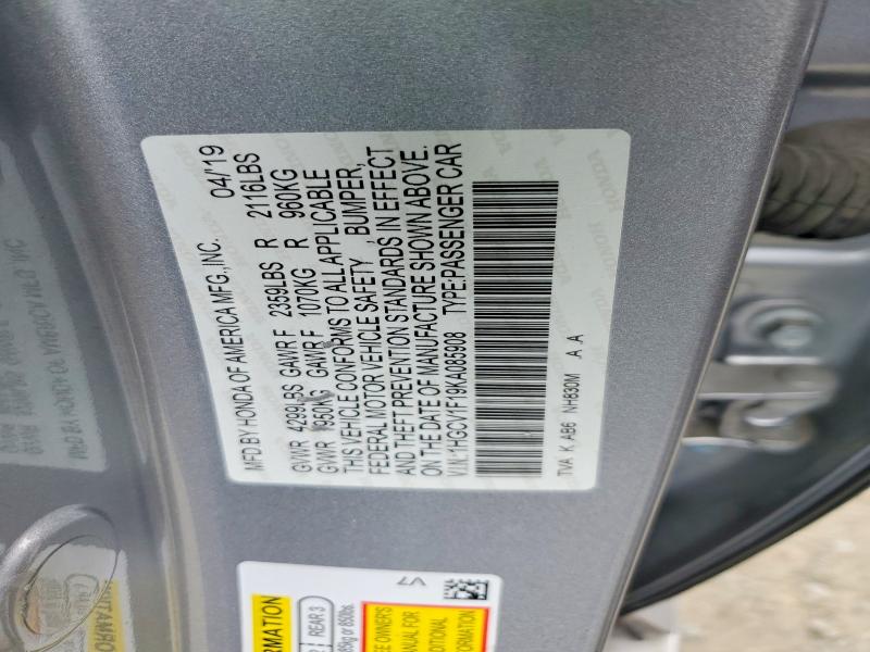 2019 Honda Accord მანქანა იყიდება აუქციონზე, vin: 1HGCV1F19KA085908, აუქციონის ნომერი: 47996796