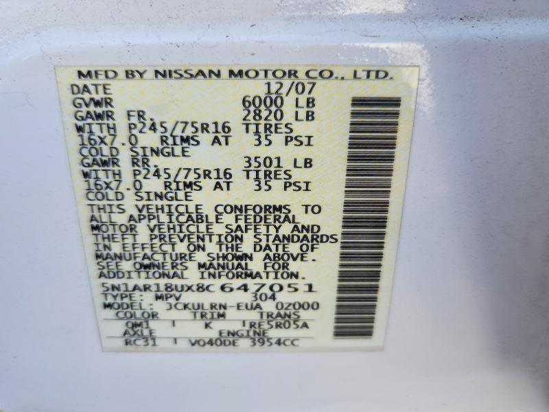 46524726 :رقم المزاد ، 5N1AR18UX8C647051 vin ، 2008 Nissan Pathfinder مزاد بيع