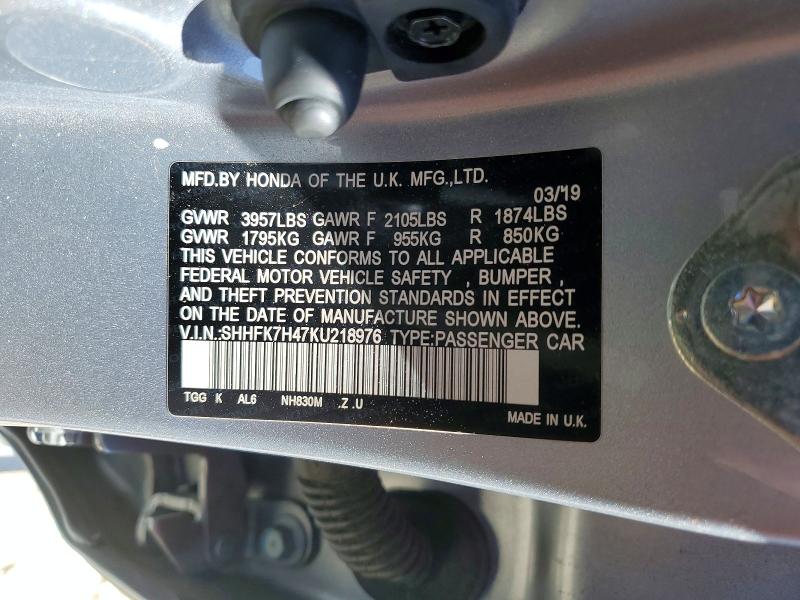 Продаж на аукціоні авто 2019 Honda Civic, vin: SHHFK7H47KU218976, номер лоту: 46908126