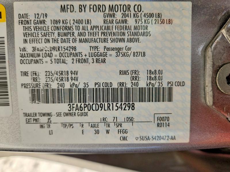 Aukcja sprzedaży 2020 Ford Fusion, vin: 3FA6P0CD9LR154298, numer aukcji: 47299036