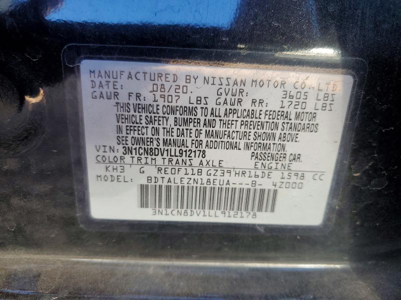 2020 Nissan Versa მანქანა იყიდება აუქციონზე, vin: 3N1CN8DV1LL912178, აუქციონის ნომერი: 46533716