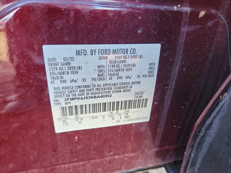 2022 Ford Edge მანქანა იყიდება აუქციონზე, vin: 2FMPK4J93NBA40992, აუქციონის ნომერი: 46581366