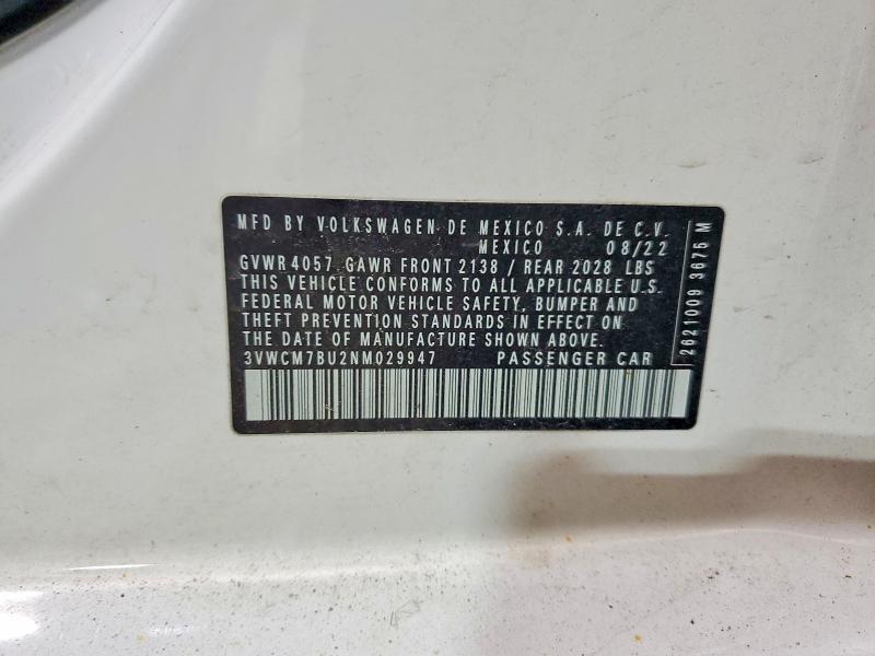 2022 Volkswagen Jetta მანქანა იყიდება აუქციონზე, vin: 3VWCM7BU2NM029947, აუქციონის ნომერი: 41826556