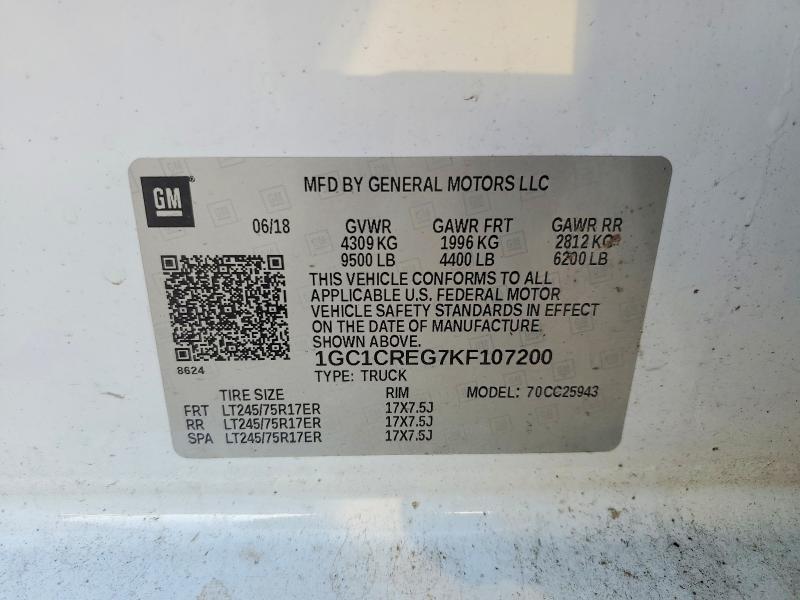 48207346 :رقم المزاد ، 1GC1CREG7KF107200 vin ، 2019 Chevrolet Silverado مزاد بيع