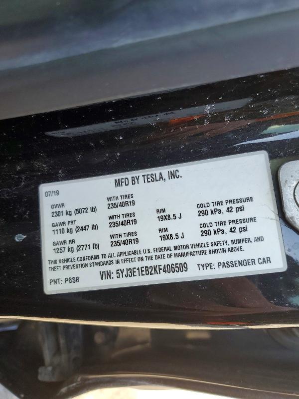 Продаж на аукціоні авто 2019 Tesla Model 3, vin: 5YJ3E1EB2KF406509, номер лоту: 46611136