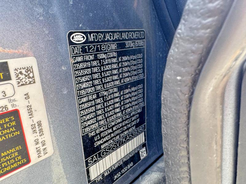 Aukcja sprzedaży 2019 Land Rover Range Rover, vin: SALGS2SV7KA539380, numer aukcji: 46433826