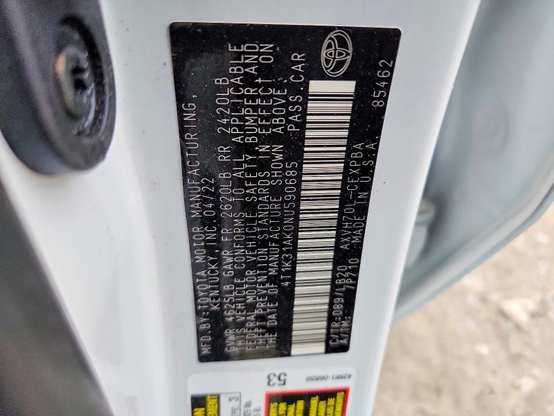 46147956 :رقم المزاد ، 4T1K31AK0NU590685 vin ، 2022 Toyota Camry Hybrid مزاد بيع