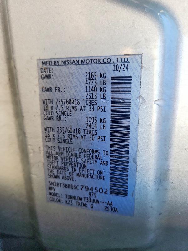 78626565 :رقم المزاد ، 5N1BT3BB6SC794502 vin ، 2025 Nissan Rogue مزاد بيع
