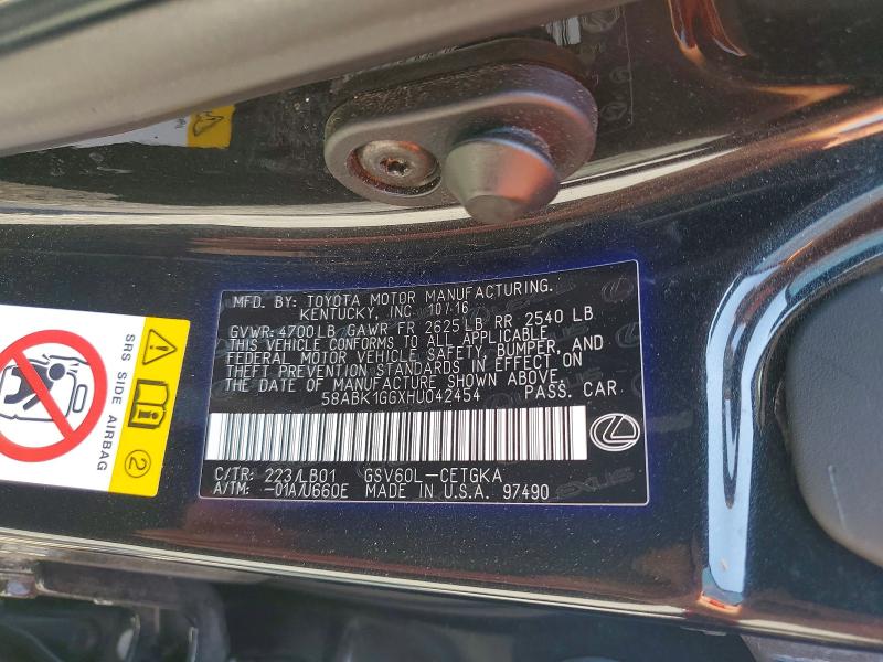 Продажа на аукционе авто 2017 Lexus Es 350, vin: 58ABK1GGXHU042454, номер лота: 46616216