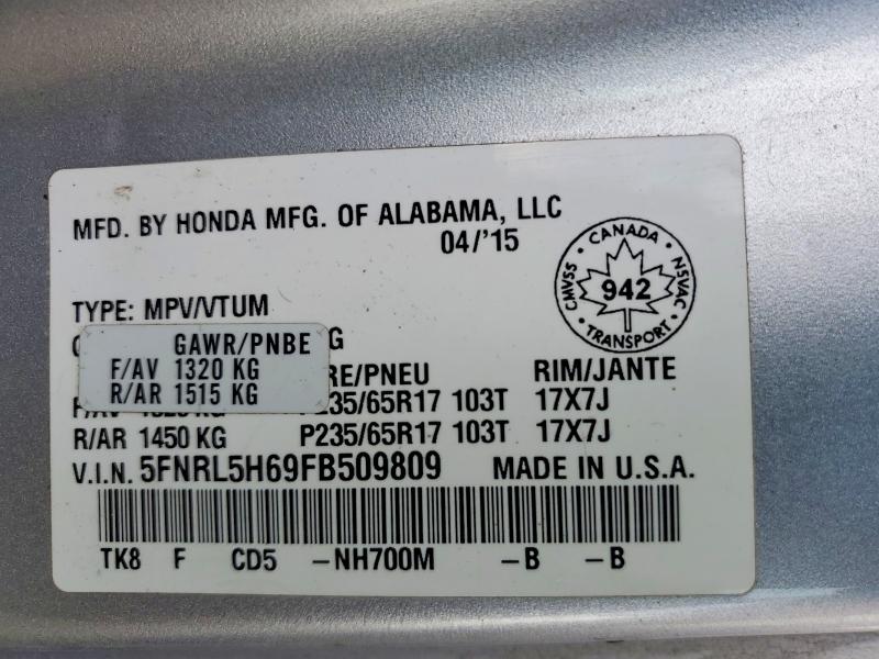 41805266 :رقم المزاد ، 5FNRL5H69FB509809 vin ، 2015 Honda Odyssey مزاد بيع