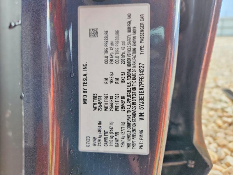 2023 Tesla Model 3 მანქანა იყიდება აუქციონზე, vin: 5YJ3E1EA7PF614237, აუქციონის ნომერი: 42019526