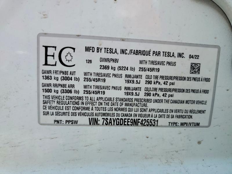 41877826 :رقم المزاد ، 7SAYGDEE9NF425531 vin ، 2022 Tesla Model Y مزاد بيع
