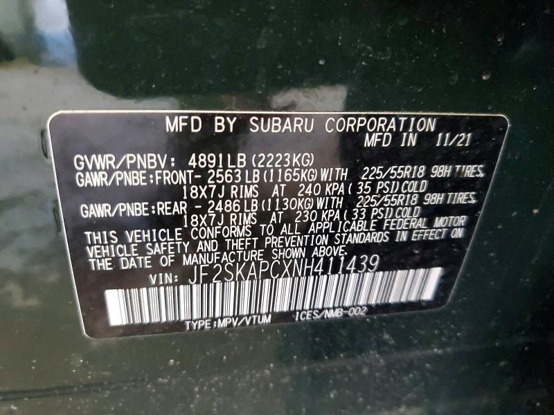 46005956 :رقم المزاد ، JF2SKAPCXNH411439 vin ، 2022 Subaru Forester مزاد بيع