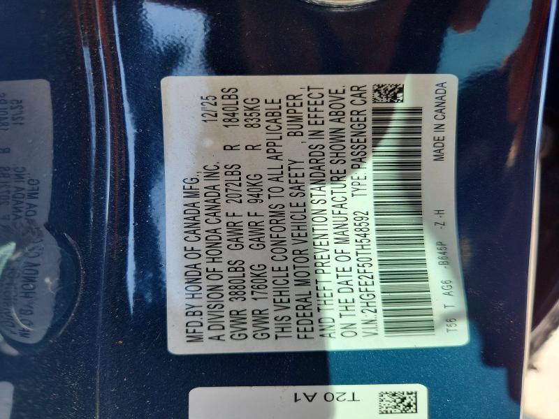 Продаж на аукціоні авто 2026 Honda Civic, vin: 2HGFE2F50TH548592, номер лоту: 48254556