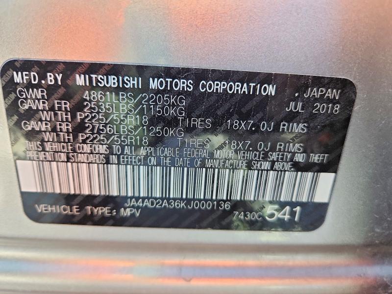 Продаж на аукціоні авто 2019 Mitsubishi Outlander, vin: JA4AD2A36KJ000136, номер лоту: 46260846