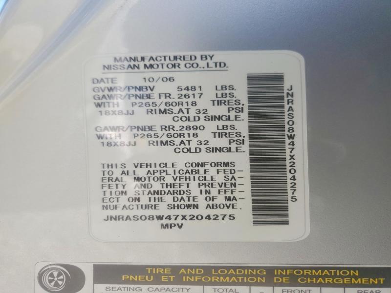 Aukcja sprzedaży 2007 Infiniti Fx35, vin: JNRAS08W47X204275, numer aukcji: 47829946