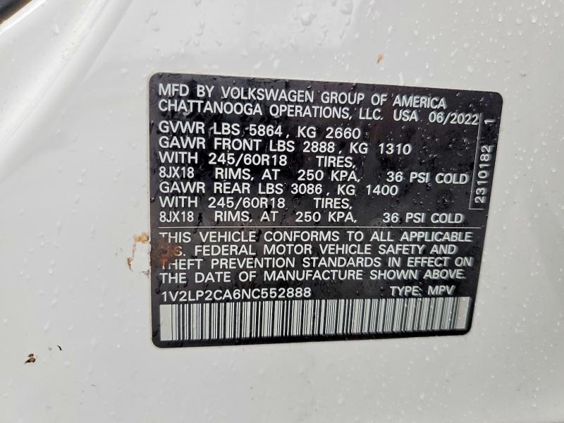 Auction sale of the 2022 Volkswagen Atlas, vin: 1V2LP2CA6NC552888, lot number: 46087936