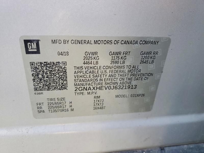Aukcja sprzedaży 2018 Chevrolet Equinox, vin: 2GNAXHEV0J6321913, numer aukcji: 46128456