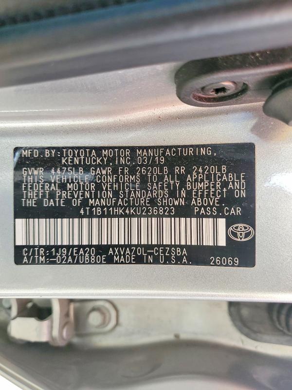 Auction sale of the 2019 Toyota Camry, vin: 4T1B11HK4KU236823, lot number: 47939066