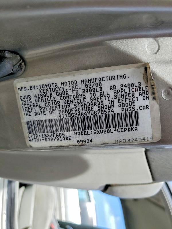 Aukcja sprzedaży 2000 Toyota Camry, vin: 4T1BG22K4YU678524, numer aukcji: 45863436