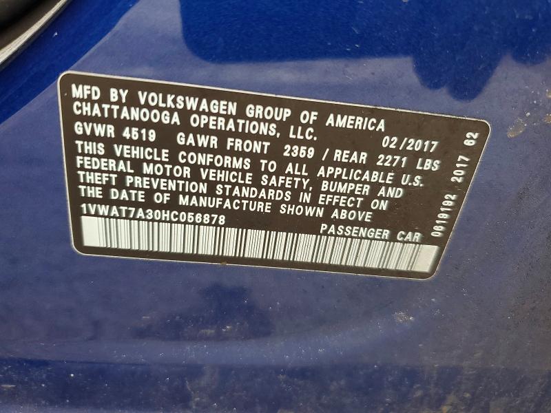 Aukcja sprzedaży 2017 Volkswagen Passat, vin: 1VWAT7A30HC056878, numer aukcji: 47892296