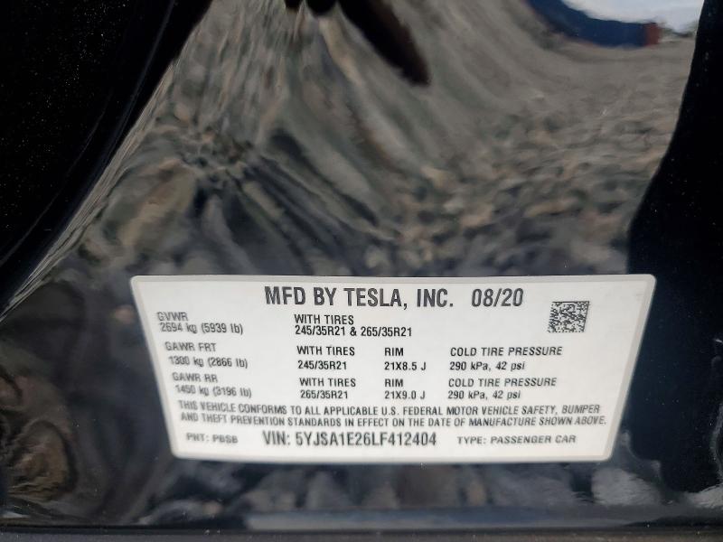 46538356 :رقم المزاد ، 5YJSA1E26LF412404 vin ، 2020 Tesla Model S مزاد بيع