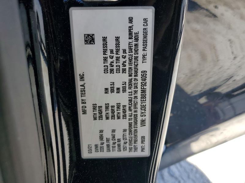 2021 Tesla Model 3 მანქანა იყიდება აუქციონზე, vin: 5YJ3E1EB8MF924059, აუქციონის ნომერი: 46628096