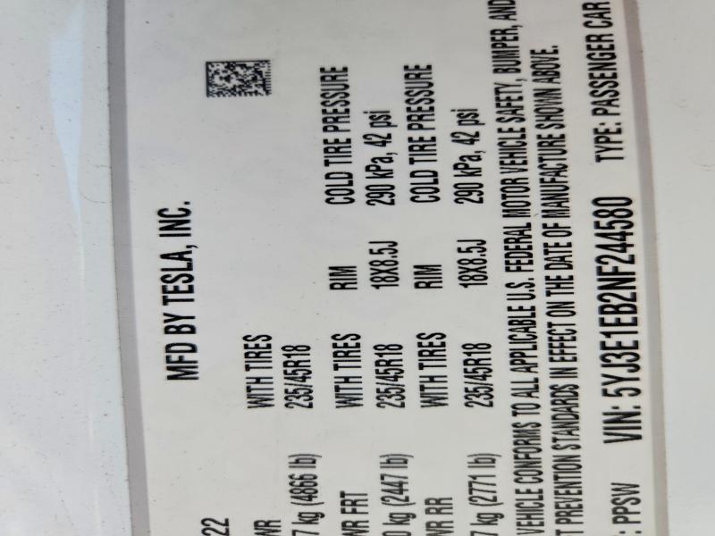 Aukcja sprzedaży 2022 Tesla Model 3, vin: 5YJ3E1EB2NF244580, numer aukcji: 78640135