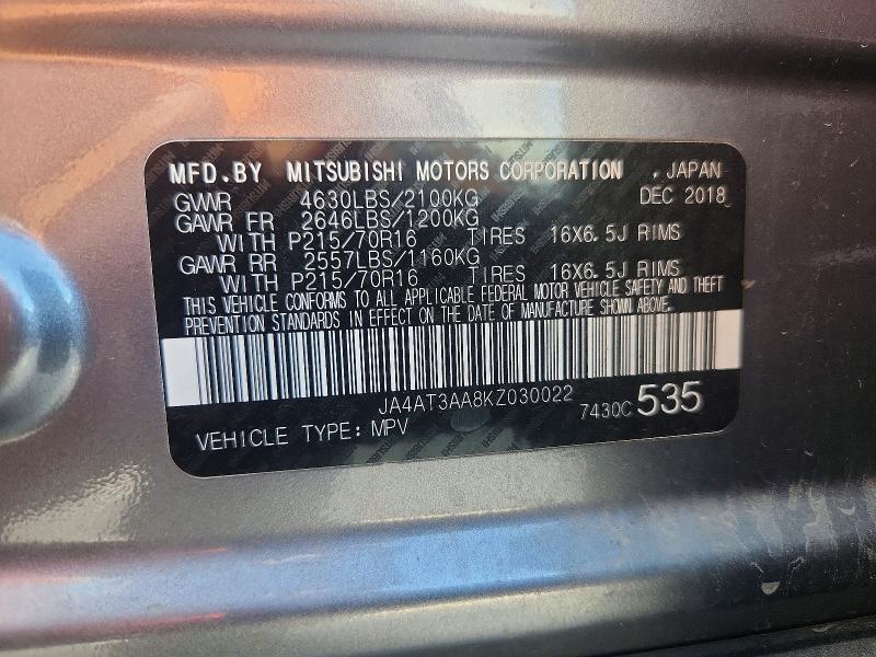 2019 Mitsubishi Eclipse Cross მანქანა იყიდება აუქციონზე, vin: JA4AT3AA8KZ030022, აუქციონის ნომერი: 46565096