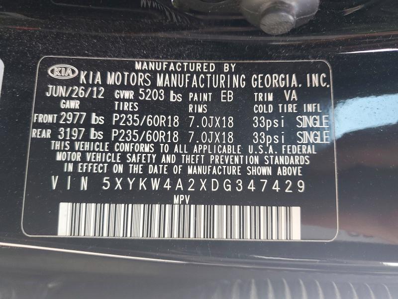 2013 Kia Sorento მანქანა იყიდება აუქციონზე, vin: 5XYKW4A2XDG347429, აუქციონის ნომერი: 48358266