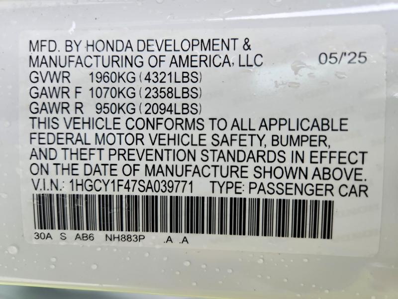 2025 Honda Accord მანქანა იყიდება აუქციონზე, vin: 1HGCY1F47SA039771, აუქციონის ნომერი: 46297056