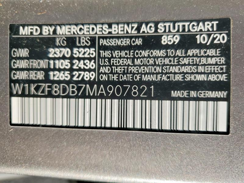2021 Mercedes-benz E მანქანა იყიდება აუქციონზე, vin: W1KZF8DB7MA907821, აუქციონის ნომერი: 45962926