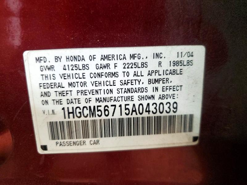 47245386 :رقم المزاد ، 1HGCM56715A043039 vin ، 2005 Honda Accord مزاد بيع