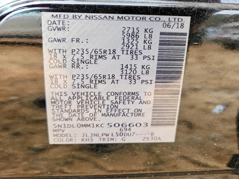 Aukcja sprzedaży 2019 Infiniti Qx60, vin: 5N1DL0MM1KC506603, numer aukcji: 46511526