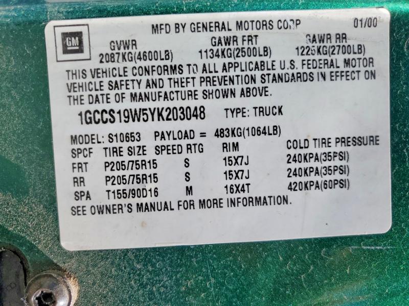 46043326 :رقم المزاد ، 1GCCS19W5YK203048 vin ، 2000 Chevrolet S Truck مزاد بيع