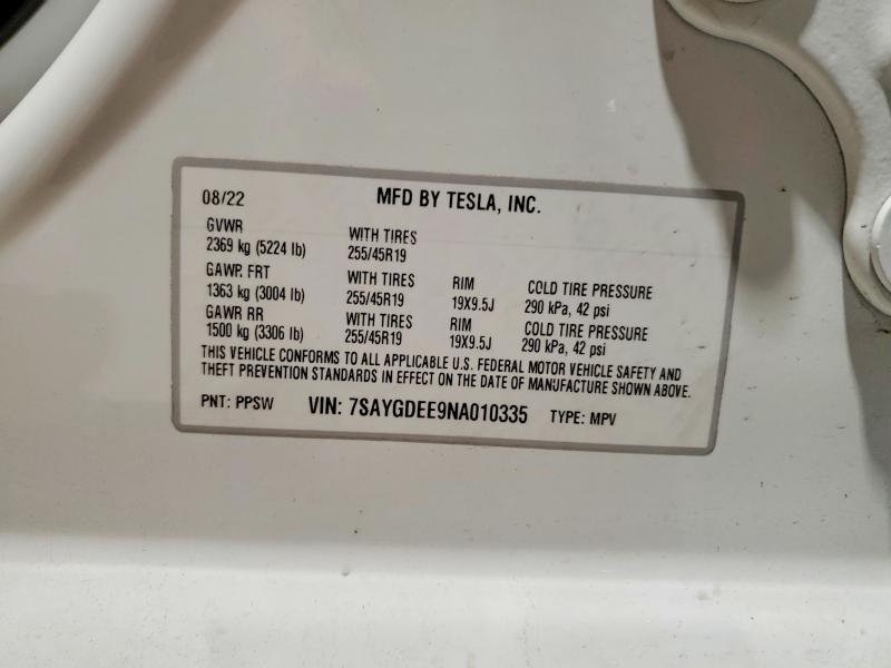 2022 Tesla Model Y მანქანა იყიდება აუქციონზე, vin: 7SAYGDEE9NA010335, აუქციონის ნომერი: 46565746