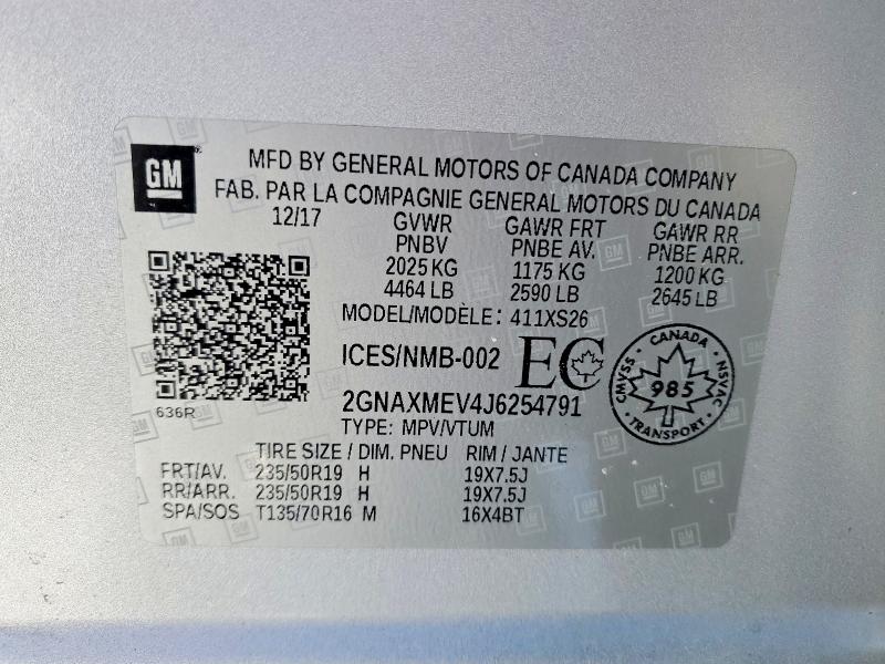 46334776 :رقم المزاد ، 2GNAXMEV4J6254791 vin ، 2018 Chevrolet Equinox Premier مزاد بيع