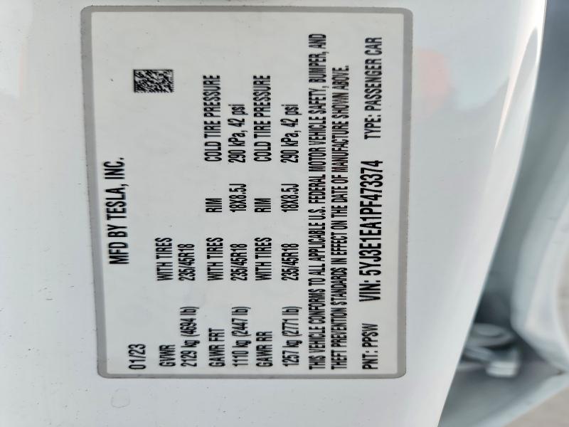 Продаж на аукціоні авто 2023 Tesla Model 3, vin: 5YJ3E1EA1PF473374, номер лоту: 46143686