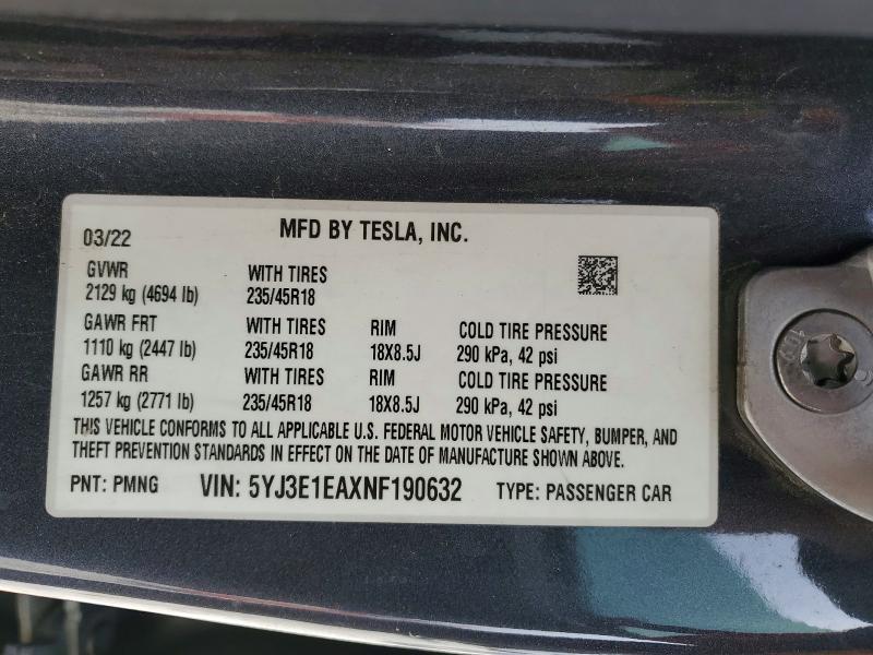2022 Tesla Model 3 მანქანა იყიდება აუქციონზე, vin: 5YJ3E1EAXNF190632, აუქციონის ნომერი: 46214666