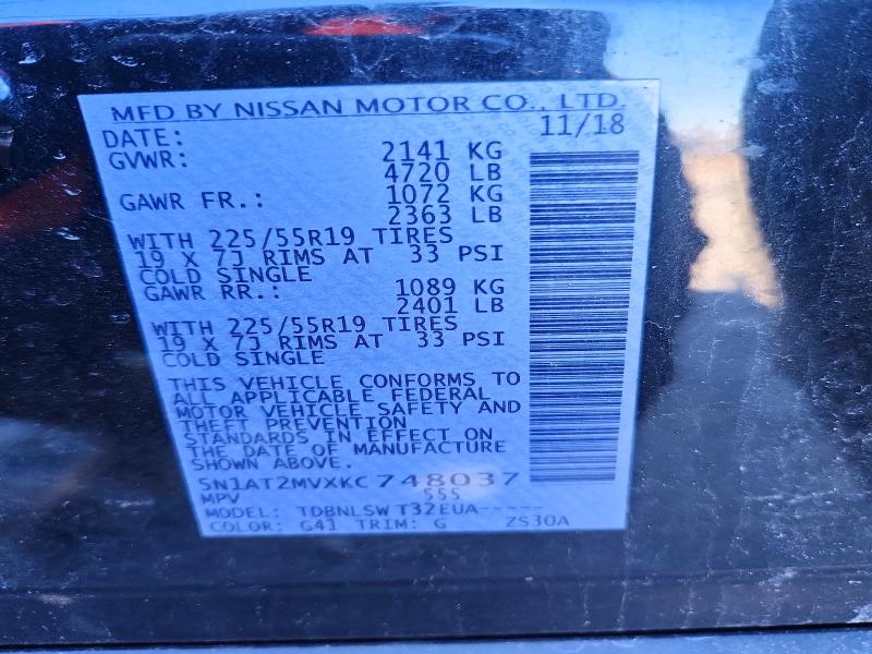 2019 Nissan Rogue მანქანა იყიდება აუქციონზე, vin: 5N1AT2MVXKC748037, აუქციონის ნომერი: 46468706