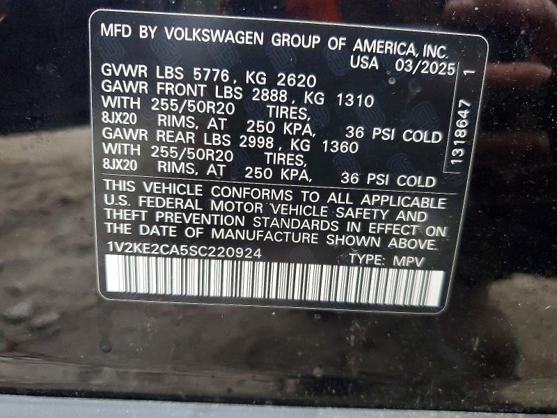 2025 Volkswagen Atlas Cross Sport მანქანა იყიდება აუქციონზე, vin: 1V2KE2CA5SC220924, აუქციონის ნომერი: 46121046