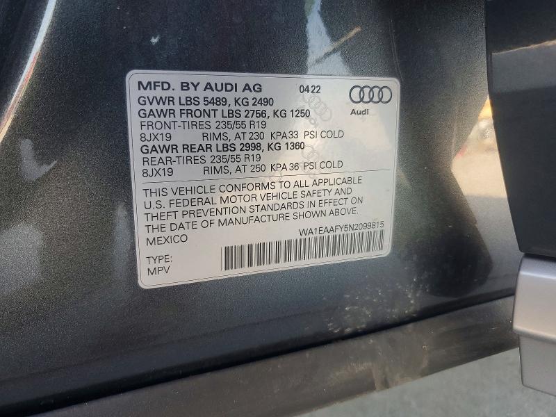 47464076 :رقم المزاد ، WA1EAAFY5N2099815 vin ، 2022 Audi Q5 مزاد بيع