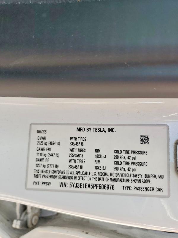 45471906 :رقم المزاد ، 5YJ3E1EA5PF606976 vin ، 2023 Tesla Model 3 مزاد بيع
