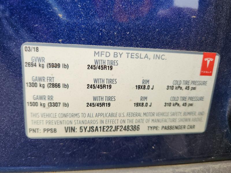 2018 Tesla Model S მანქანა იყიდება აუქციონზე, vin: 5YJSA1E22JF248386, აუქციონის ნომერი: 48337216