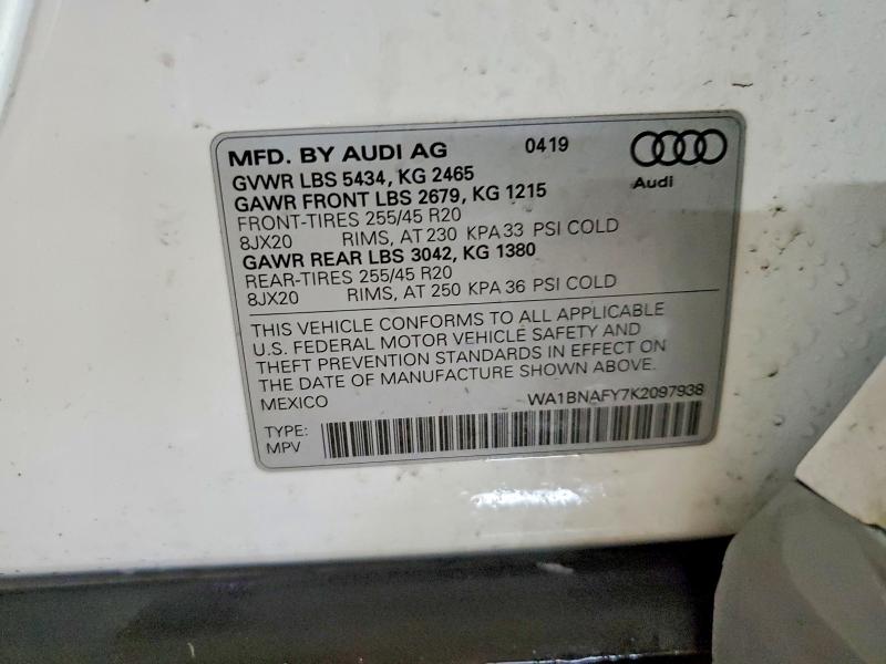 2019 Audi Q5 მანქანა იყიდება აუქციონზე, vin: WA1BNAFY7K2097938, აუქციონის ნომერი: 79571265