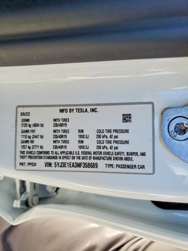 Продажа на аукционе авто 2022 Tesla Model 3, vin: 5YJ3E1EA3NF358689, номер лота: 79926975