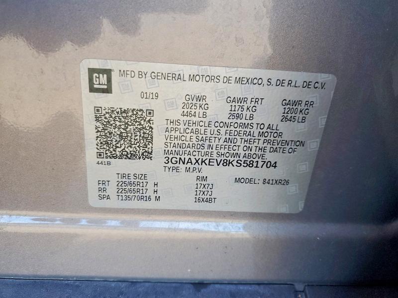 2019 Chevrolet Equinox მანქანა იყიდება აუქციონზე, vin: 3GNAXKEV8KS581704, აუქციონის ნომერი: 45906556