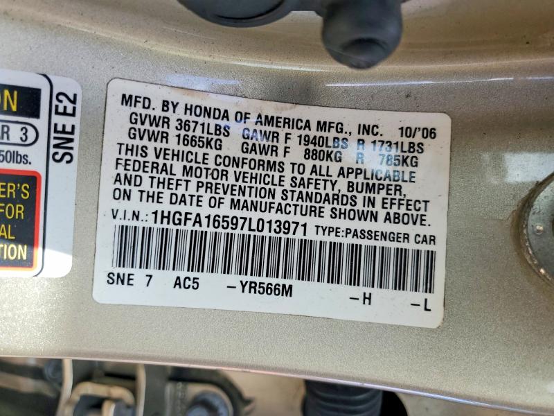 Aukcja sprzedaży 2007 Honda Civic, vin: 1HGFA16597L013971, numer aukcji: 79627745
