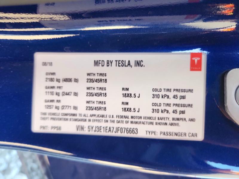 Продаж на аукціоні авто 2018 Tesla Model 3, vin: 5YJ3E1EA7JF076663, номер лоту: 45927436